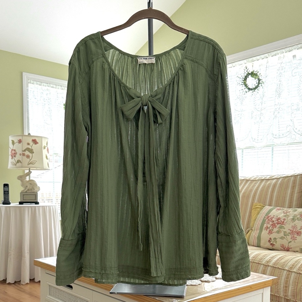 We The Free Olive Green Tie-Front Long-Sleeve Blouse